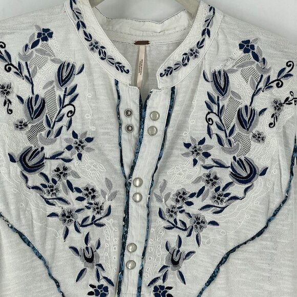 Free People Sundance Kid Embroidered White Jersey Henley Popover Top Small - Picture 5 of 9